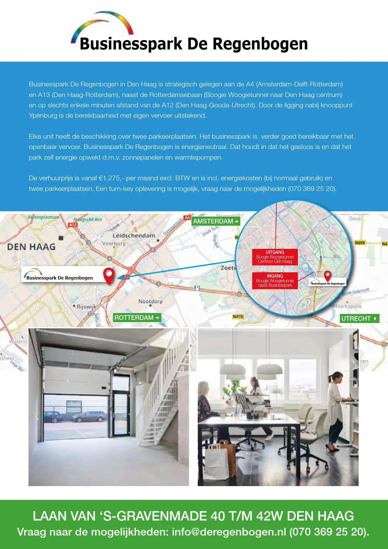 Informatieve promotieposter van Businesspark De Regenbogen in Den Haag met locatiekaart, interieurfoto’s en contactgegevens aan de Laan van ‘s-Gravenmade.